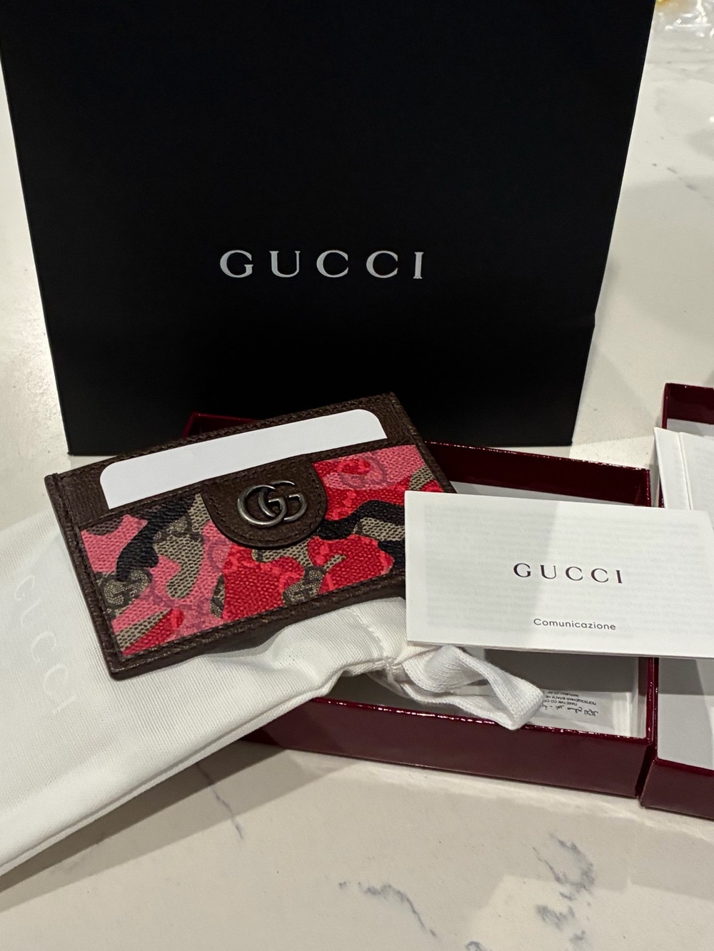 Gucci Pink and Red Camouflage Card Holder with Brown Trim and Double G